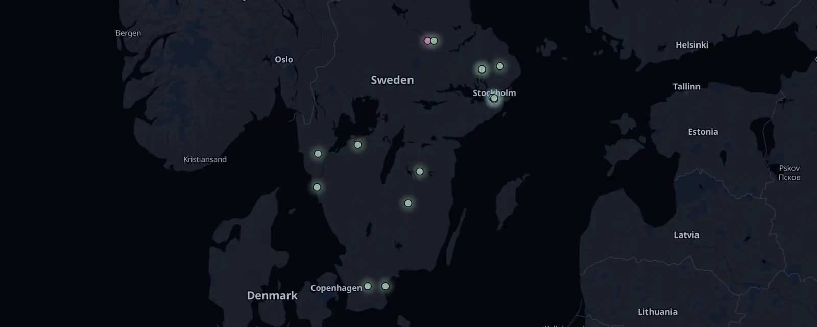Map of the 16 case files in Sweden, pinned by legal status
