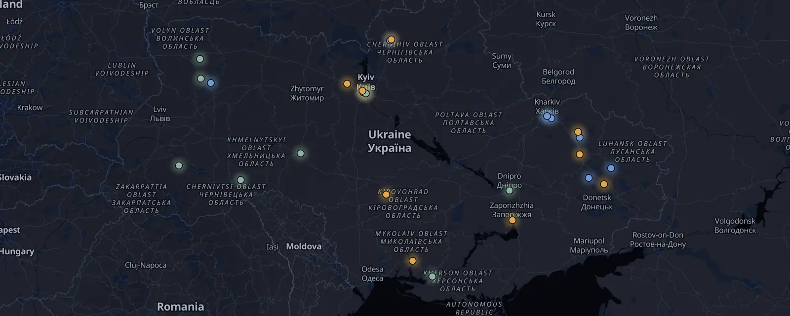 Map of the 27 case files in Ukraine, pinned by legal status