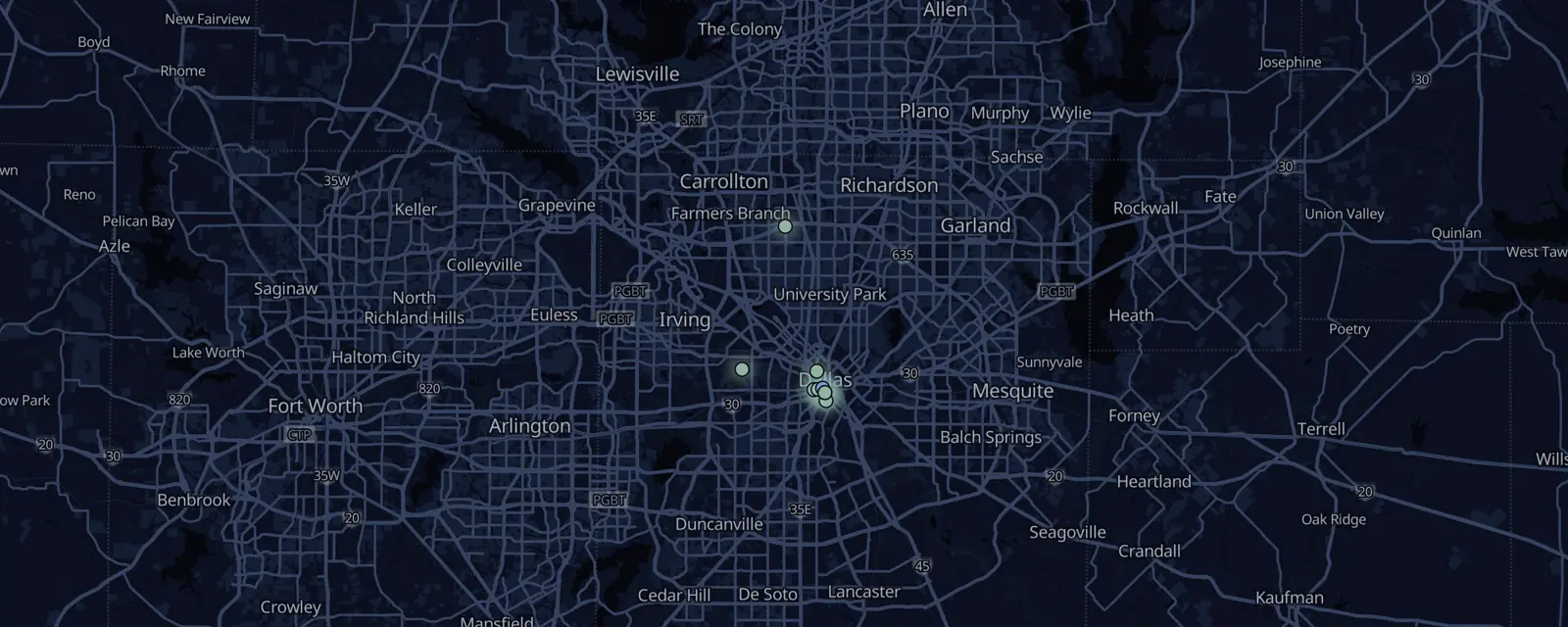 Map of the 10 case files in Dallas, pinned by legal status