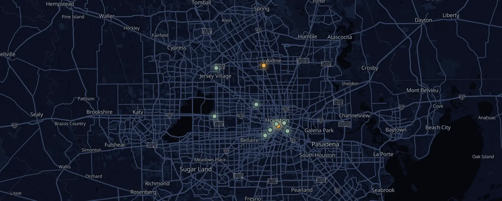 Map of the 11 case files in Houston, pinned by legal status