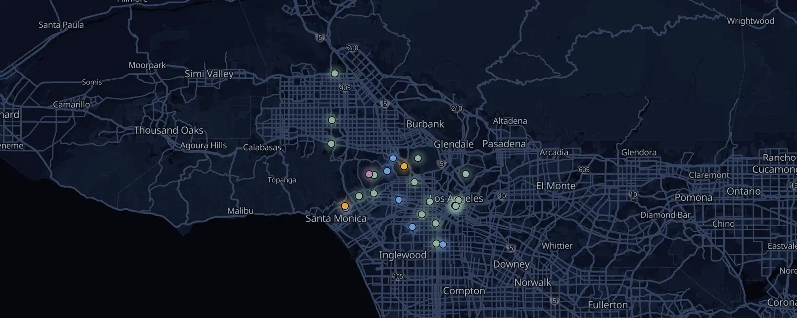 Map of the 29 case files in Los Angeles, pinned by legal status