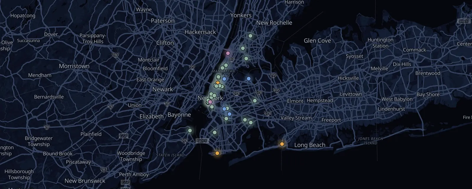 Map of the 35 case files in New York City, pinned by legal status