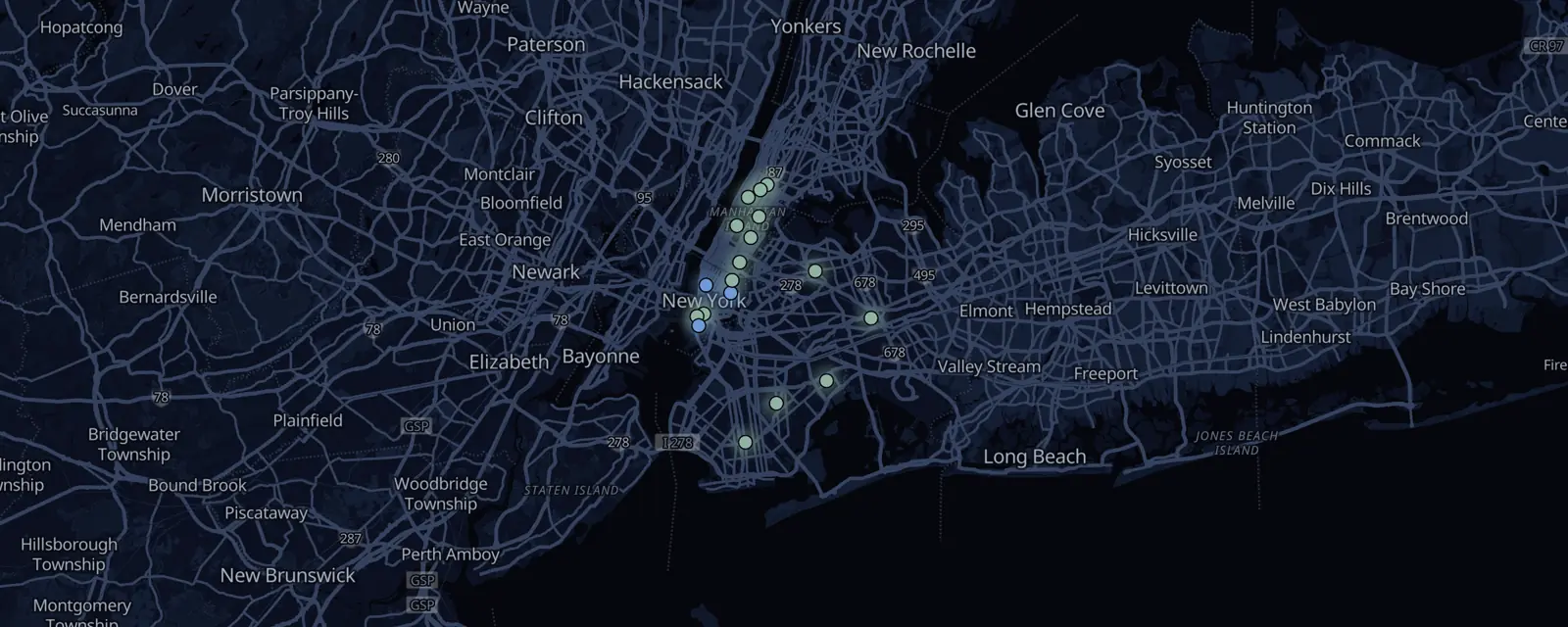 Map of the 18 case files in New York, pinned by legal status