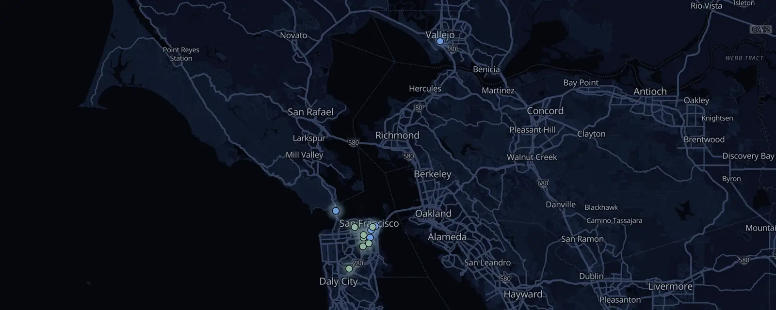 Map of the 13 case files in San Francisco, pinned by legal status