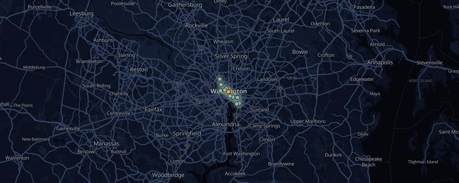 Map of the 13 case files in Washington, D.C., pinned by legal status
