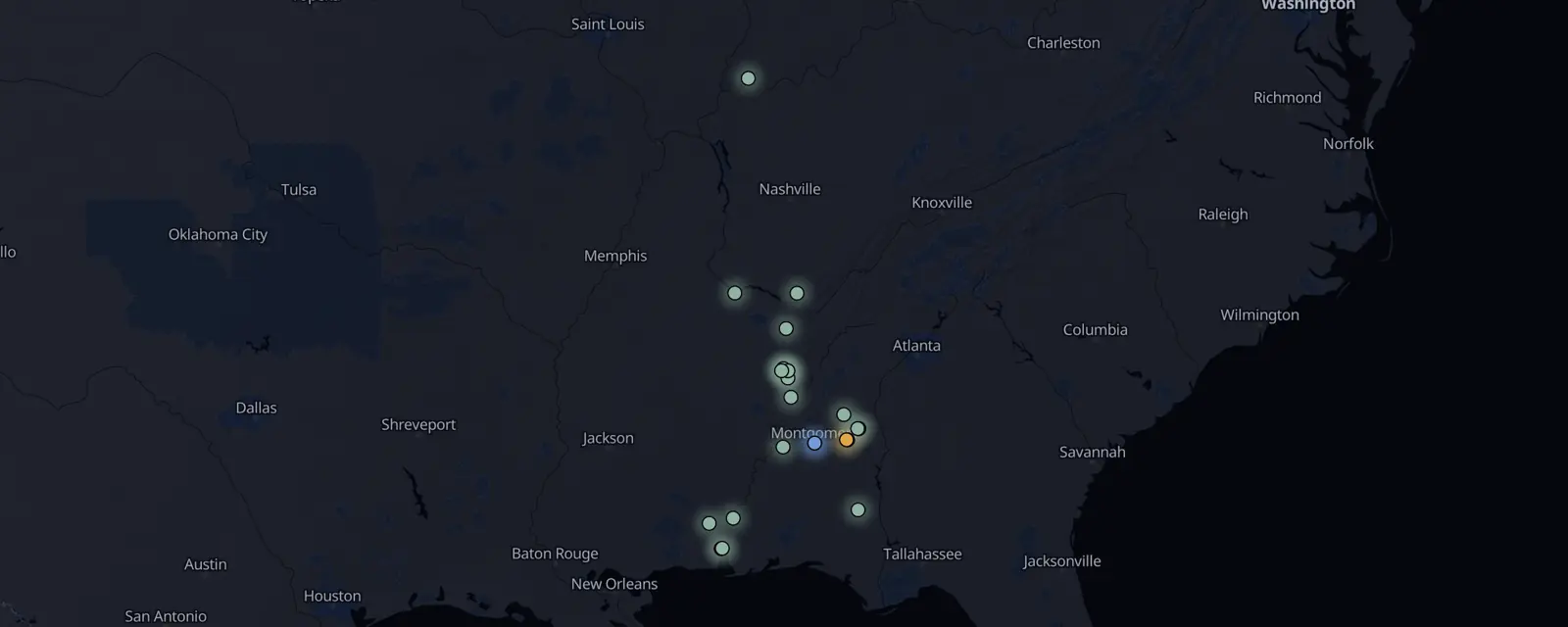 Map of the 23 case files in Alabama, pinned by legal status