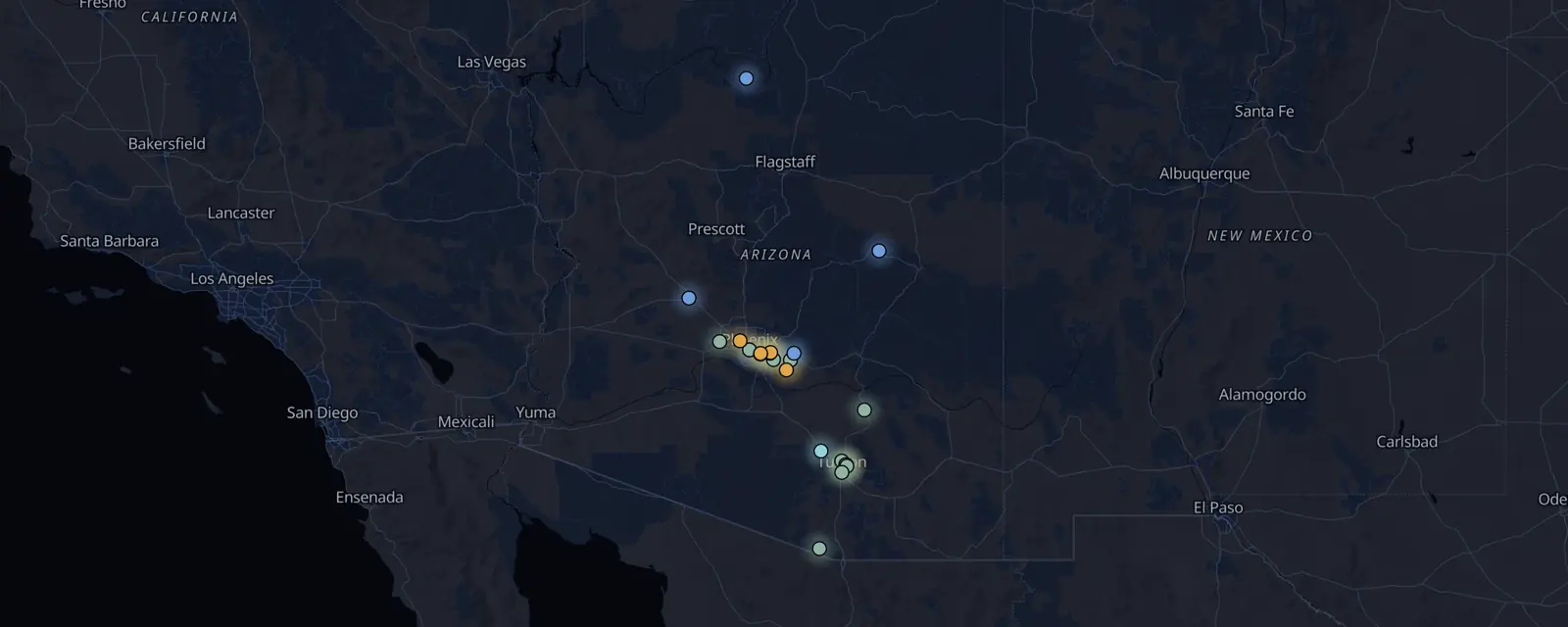 Map of the 25 case files in Arizona, pinned by legal status