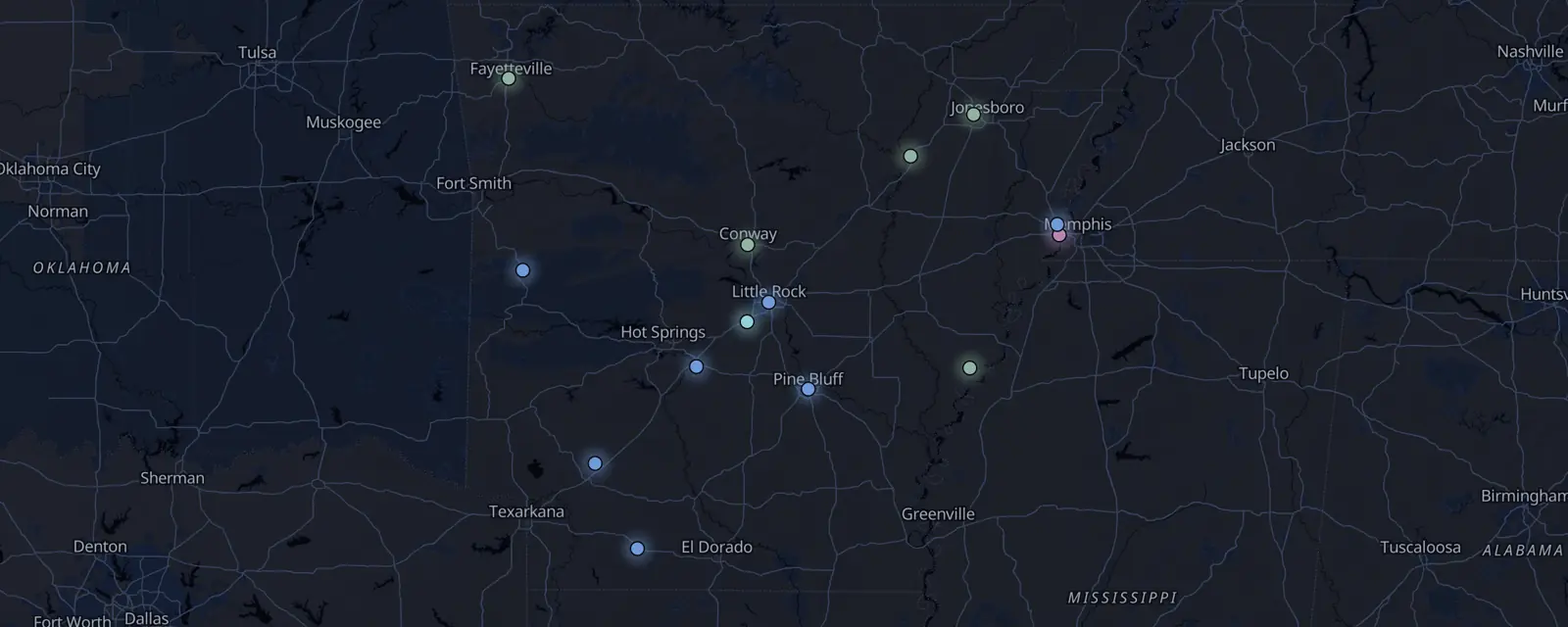 Map of the 14 case files in Arkansas, pinned by legal status