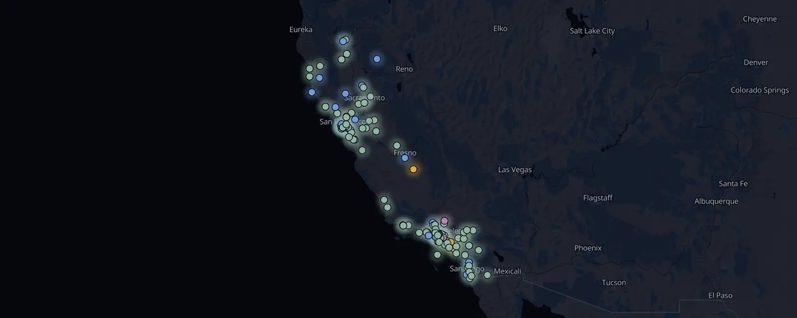 Map of the 146 case files in California, pinned by legal status