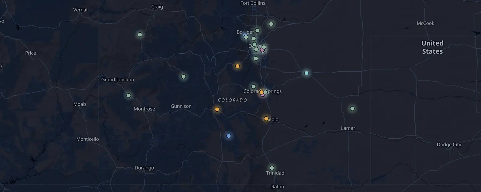 Map of the 26 case files in Colorado, pinned by legal status