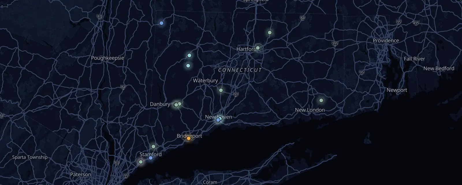 Map of the 19 case files in Connecticut, pinned by legal status