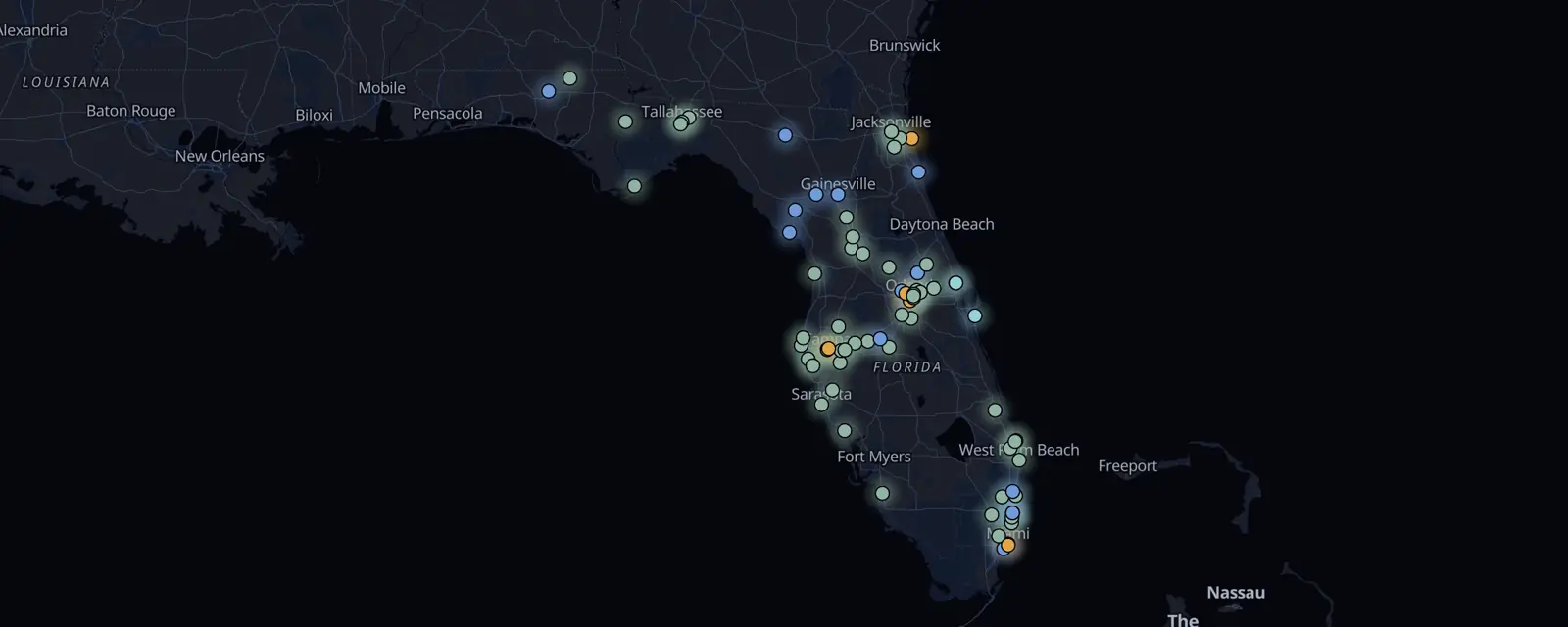 Map of the 82 case files in Florida, pinned by legal status