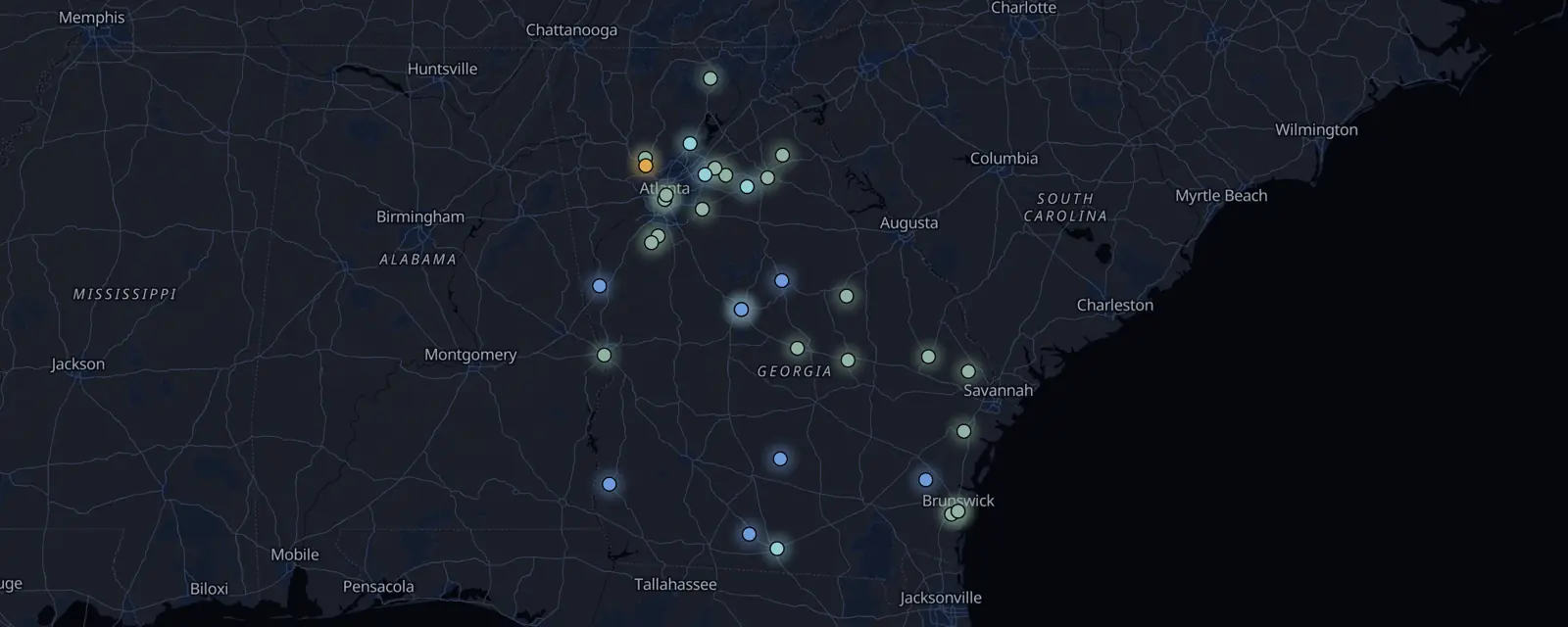 Map of the 36 case files in Georgia, pinned by legal status