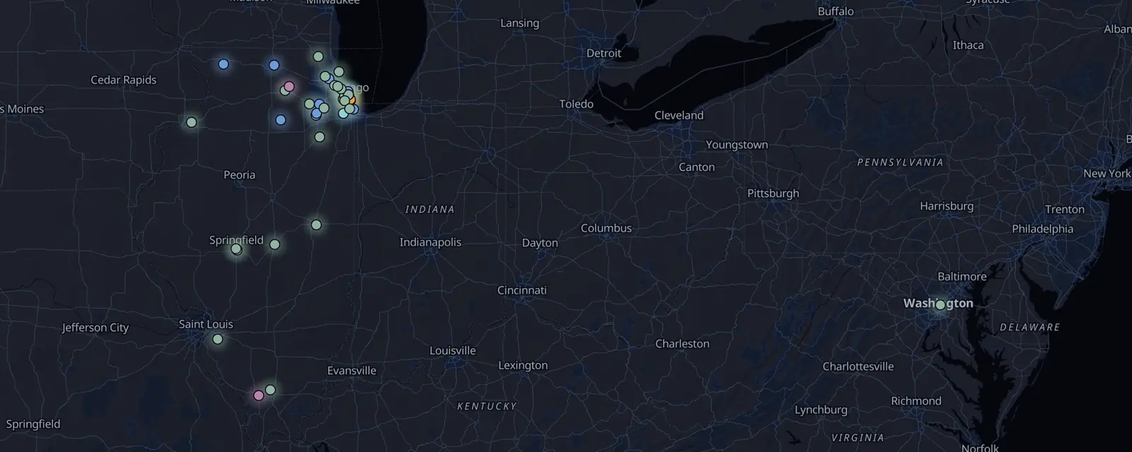 Map of the 41 case files in Illinois, pinned by legal status