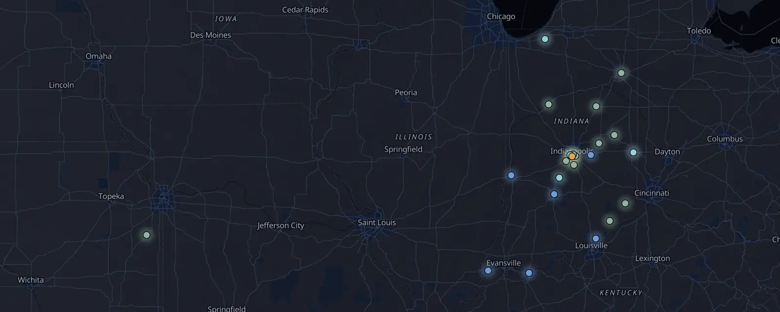 Map of the 25 case files in Indiana, pinned by legal status