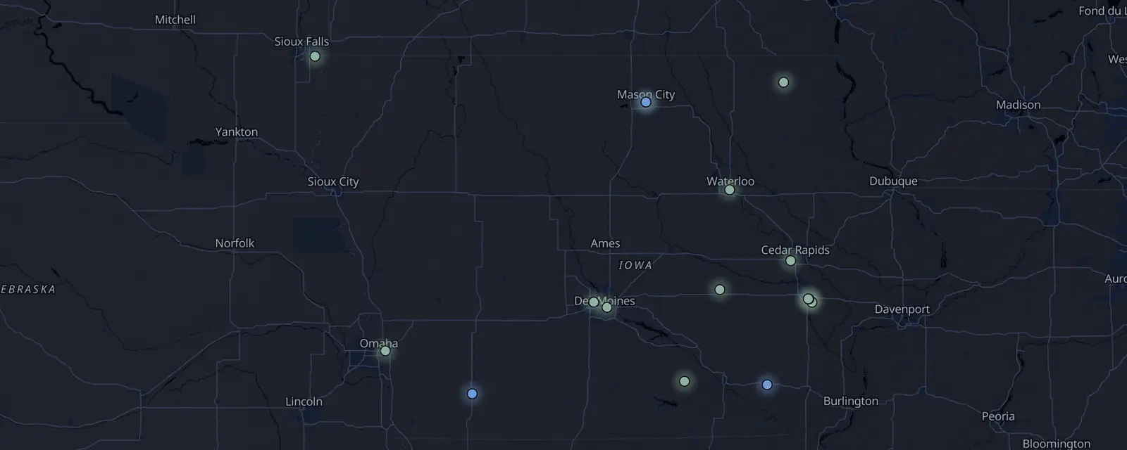 Map of the 16 case files in Iowa, pinned by legal status