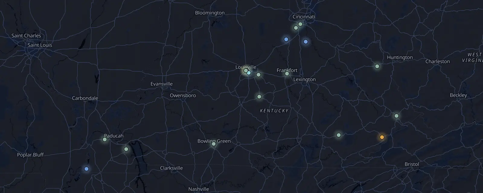 Map of the 19 case files in Kentucky, pinned by legal status