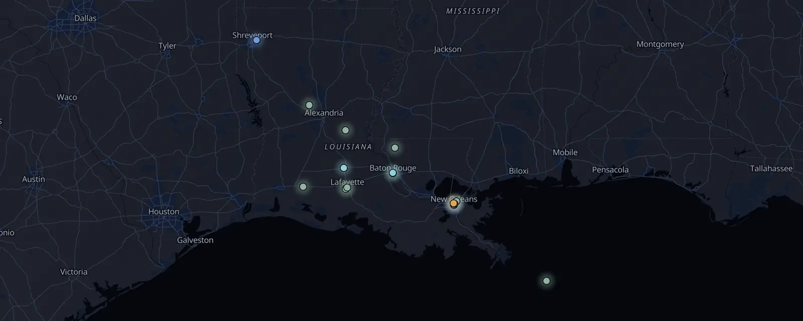 Map of the 17 case files in Louisiana, pinned by legal status