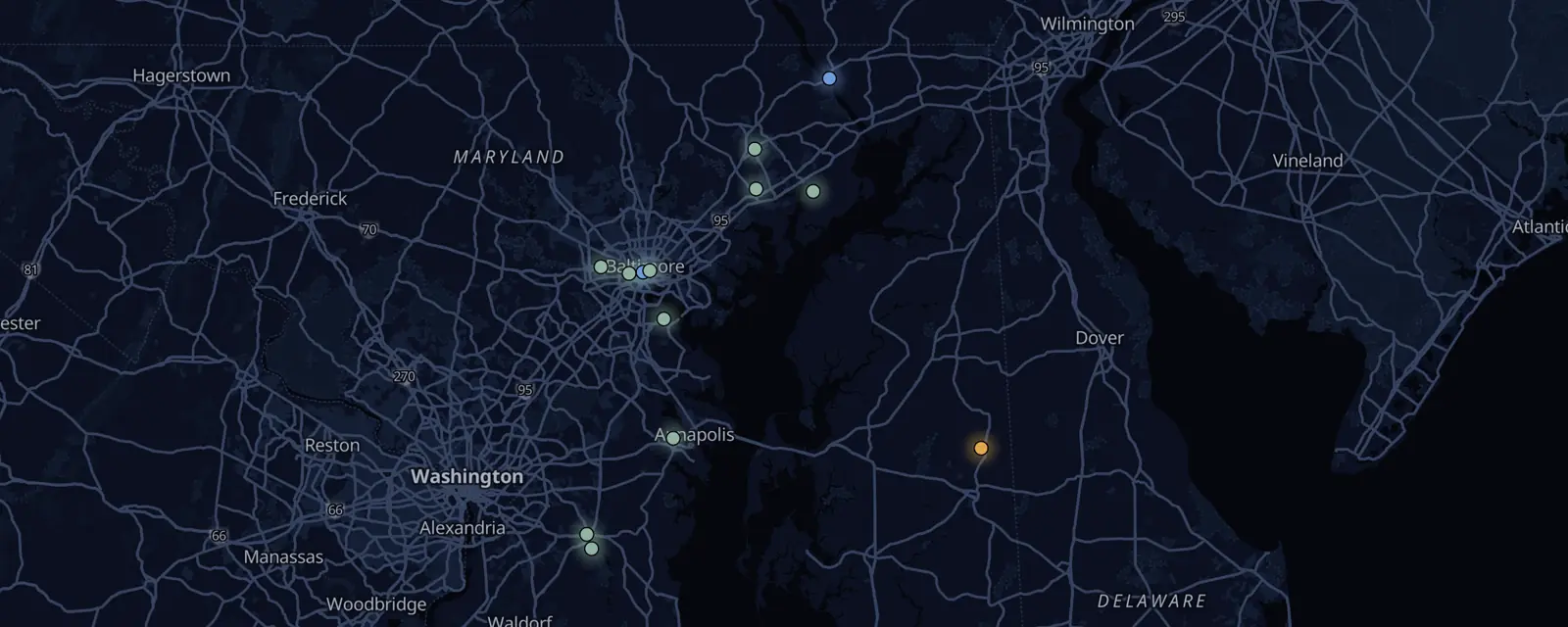 Map of the 13 case files in Maryland, pinned by legal status