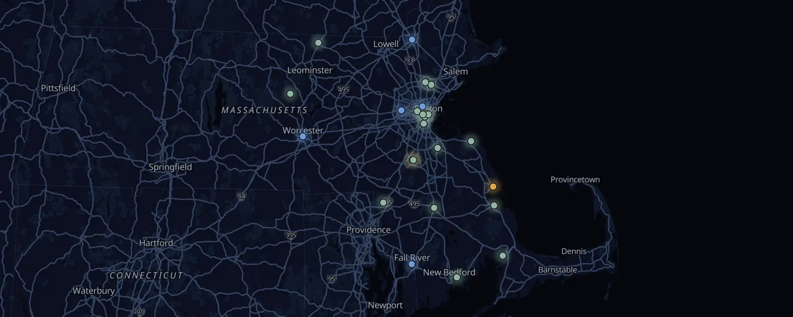 Map of the 25 case files in Massachusetts, pinned by legal status