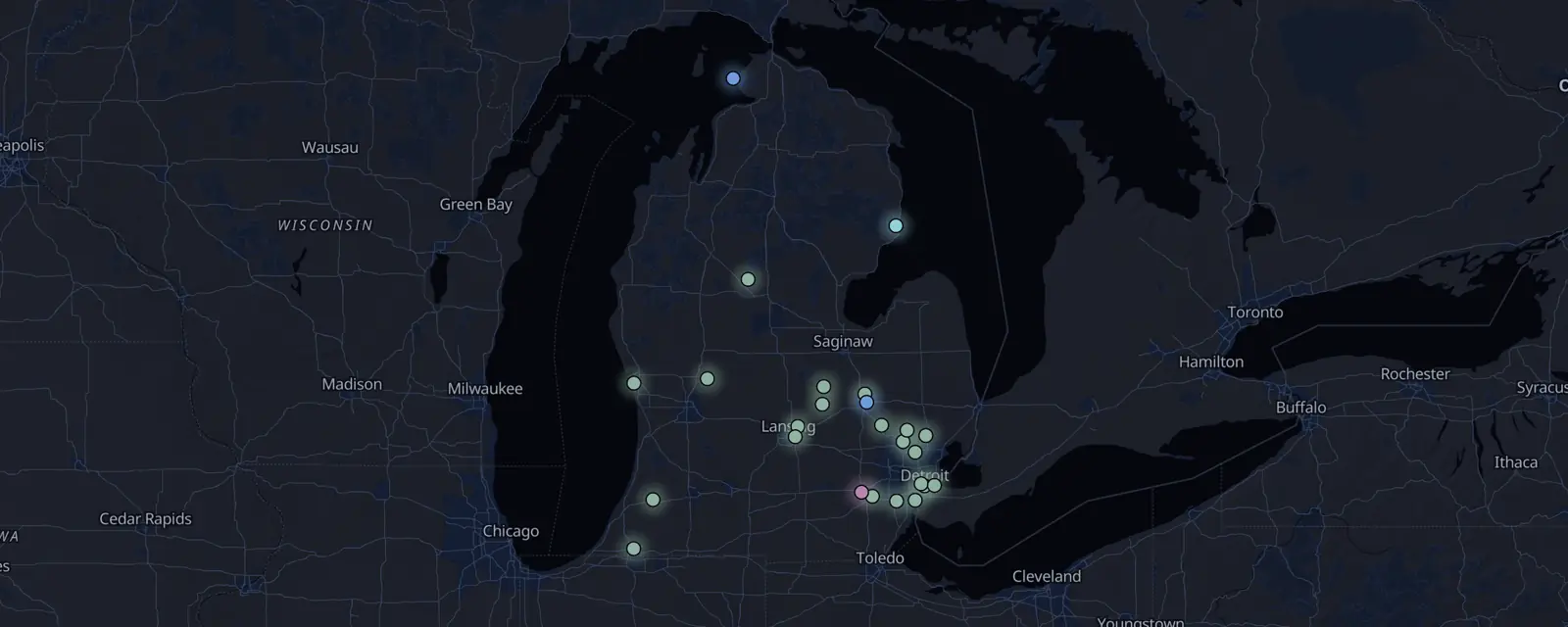 Map of the 25 case files in Michigan, pinned by legal status