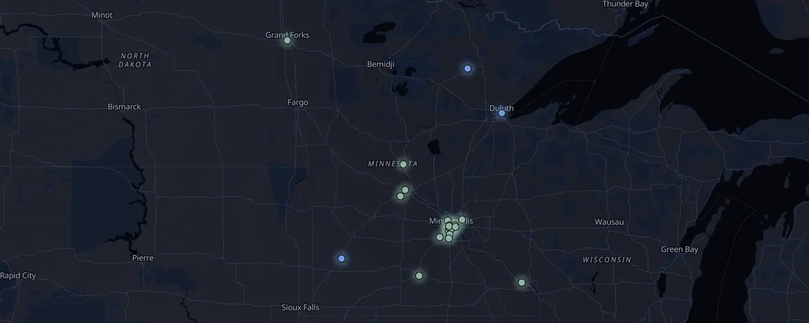 Map of the 22 case files in Minnesota, pinned by legal status