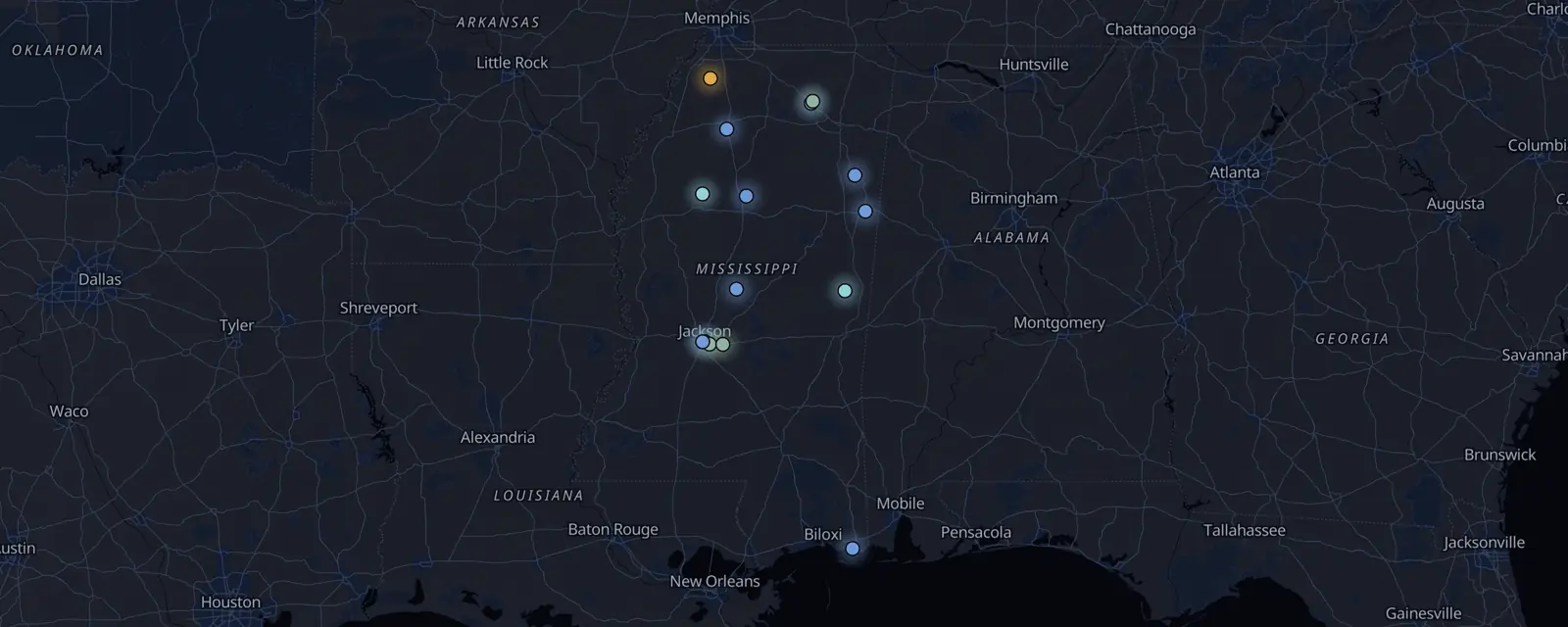 Map of the 15 case files in Mississippi, pinned by legal status