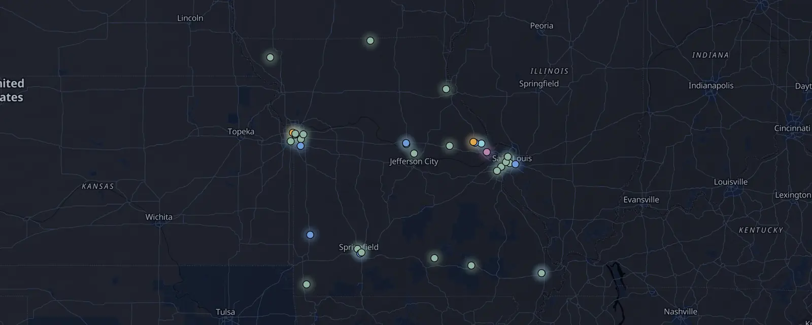 Map of the 34 case files in Missouri, pinned by legal status