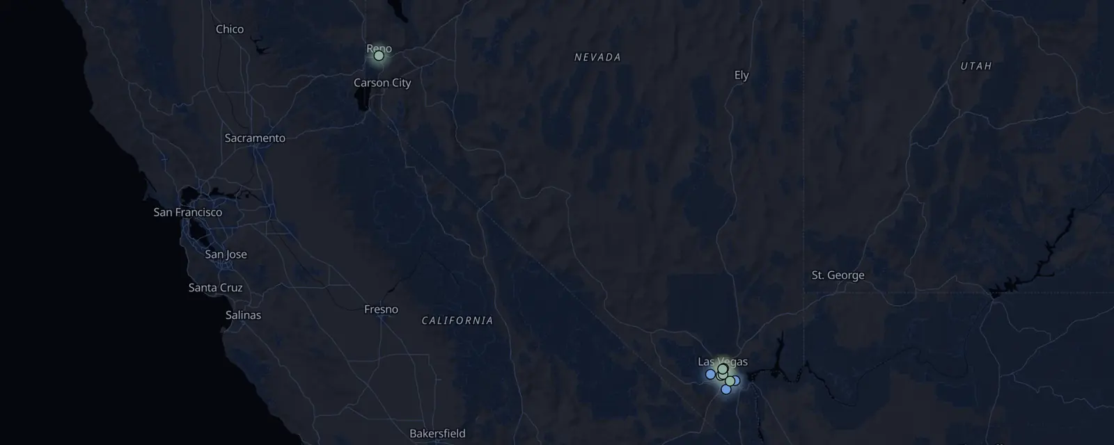 Map of the 13 case files in Nevada, pinned by legal status