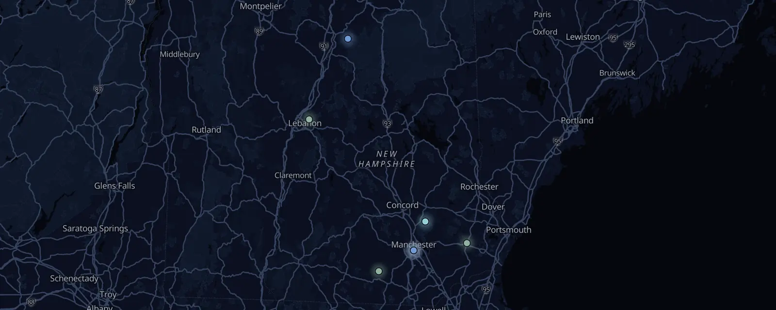 Map of the 8 case files in New Hampshire, pinned by legal status