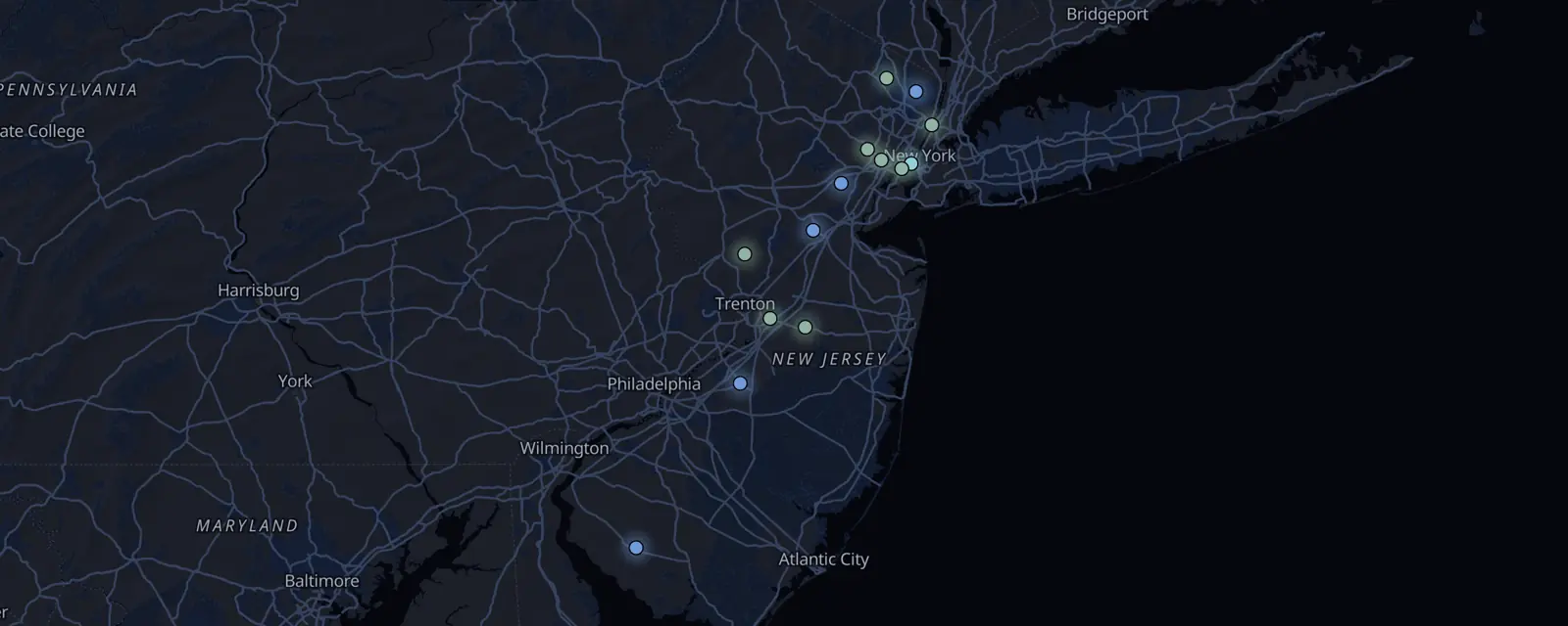 Map of the 14 case files in New Jersey, pinned by legal status