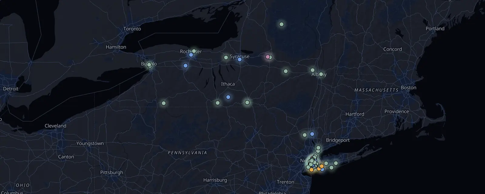Map of the 80 case files in New York, pinned by legal status