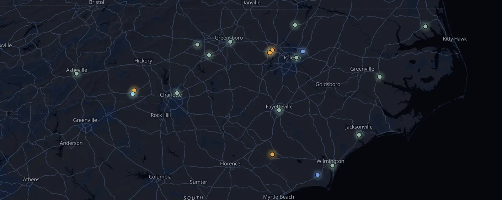Map of the 20 case files in North Carolina, pinned by legal status