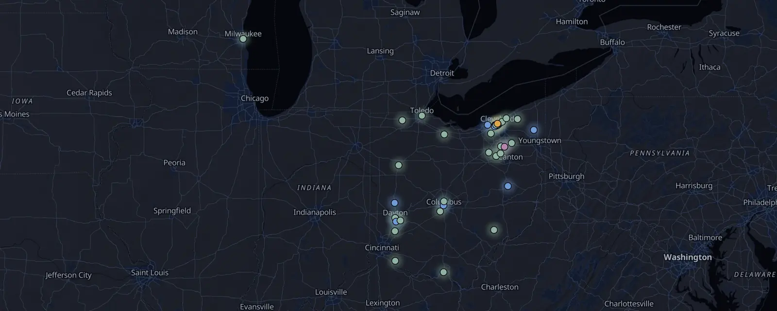 Map of the 38 case files in Ohio, pinned by legal status