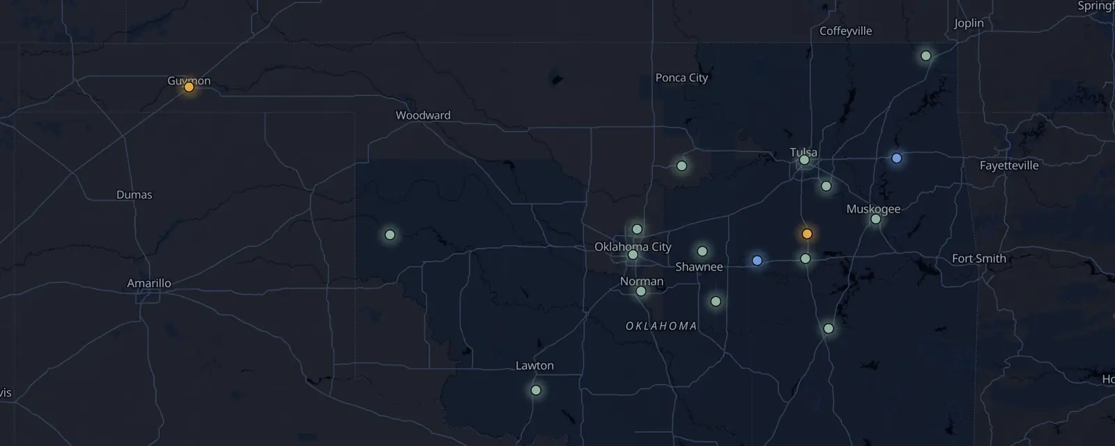 Map of the 18 case files in Oklahoma, pinned by legal status