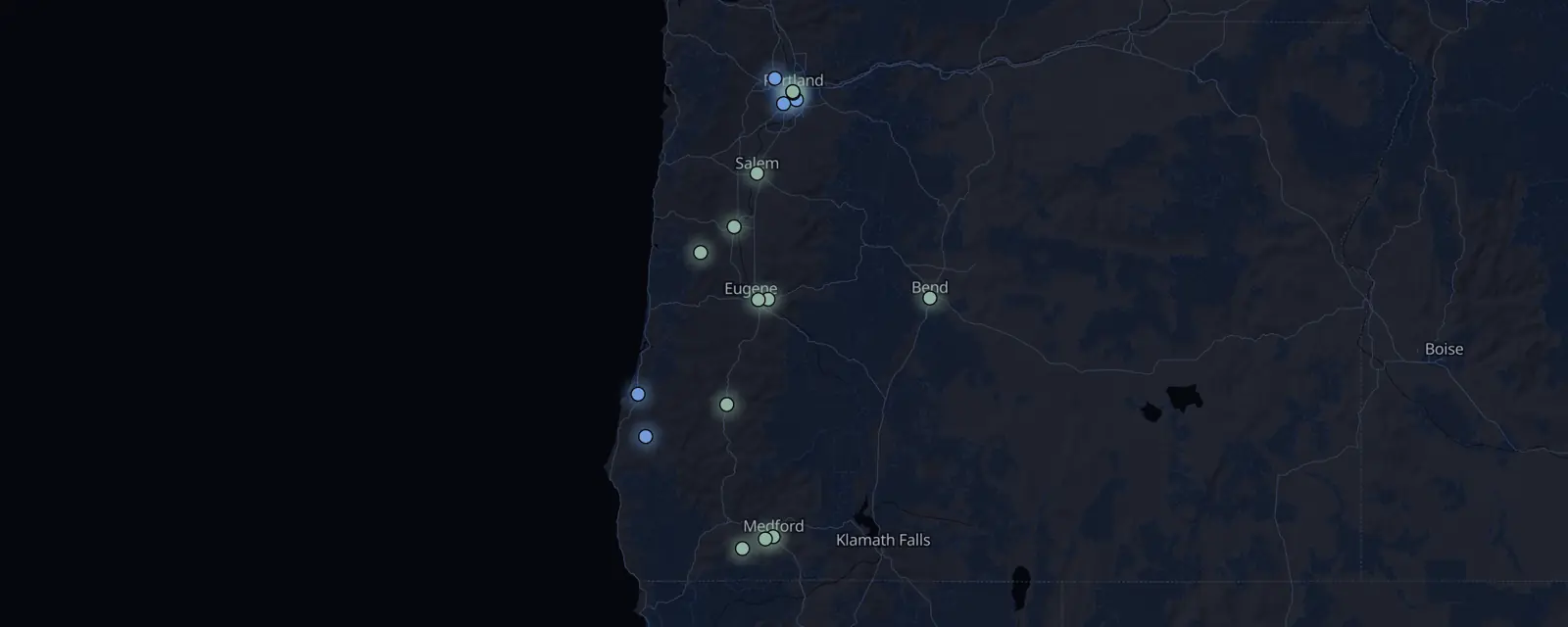 Map of the 18 case files in Oregon, pinned by legal status