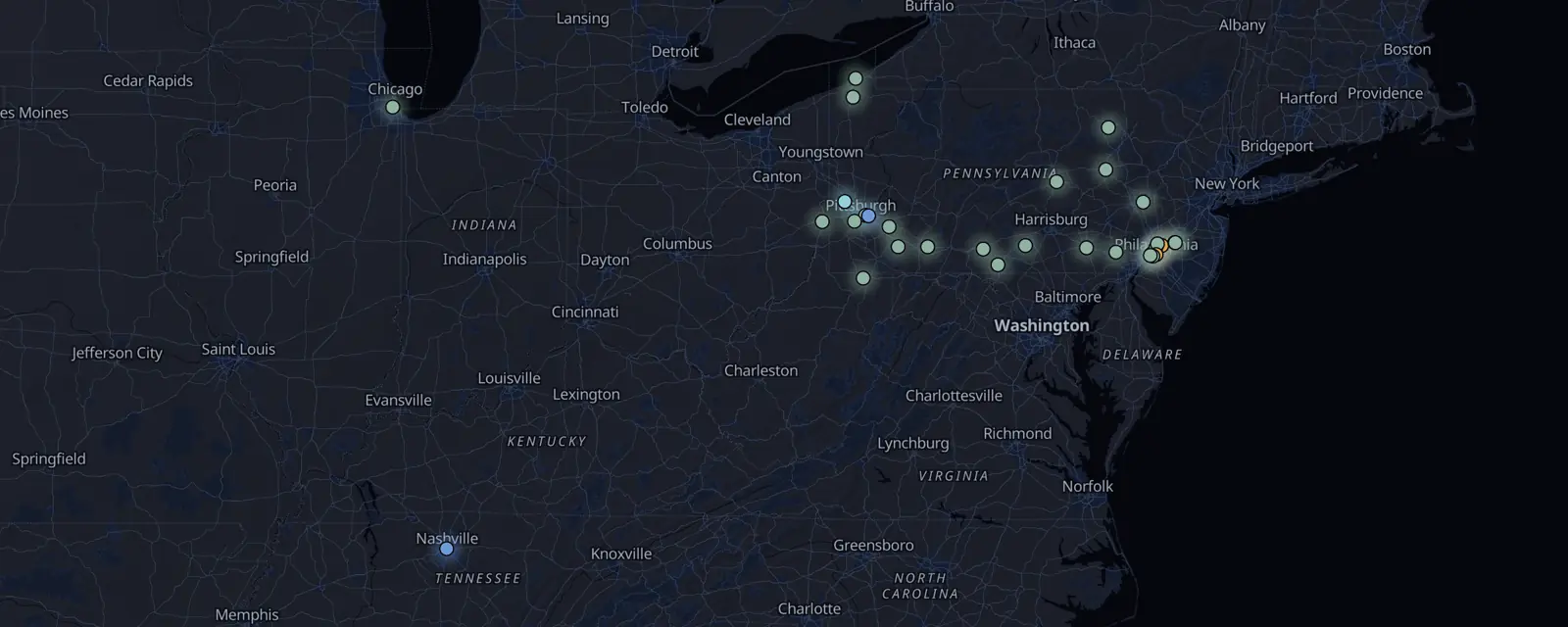 Map of the 31 case files in Pennsylvania, pinned by legal status