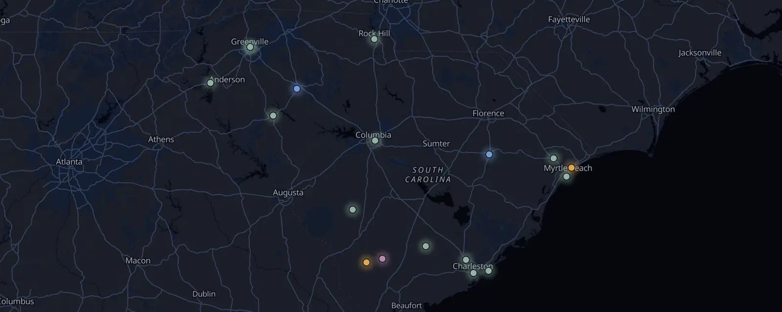 Map of the 18 case files in South Carolina, pinned by legal status