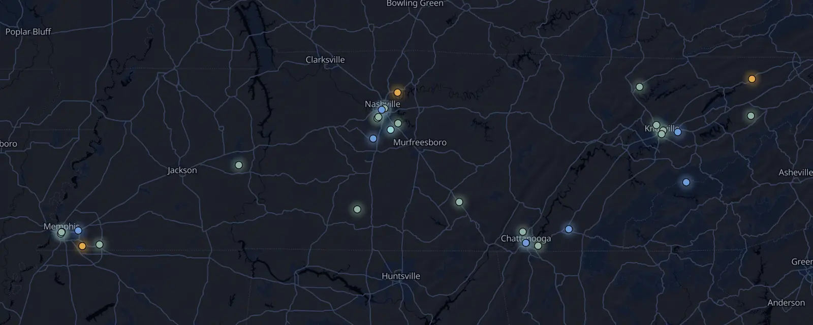 Map of the 30 case files in Tennessee, pinned by legal status