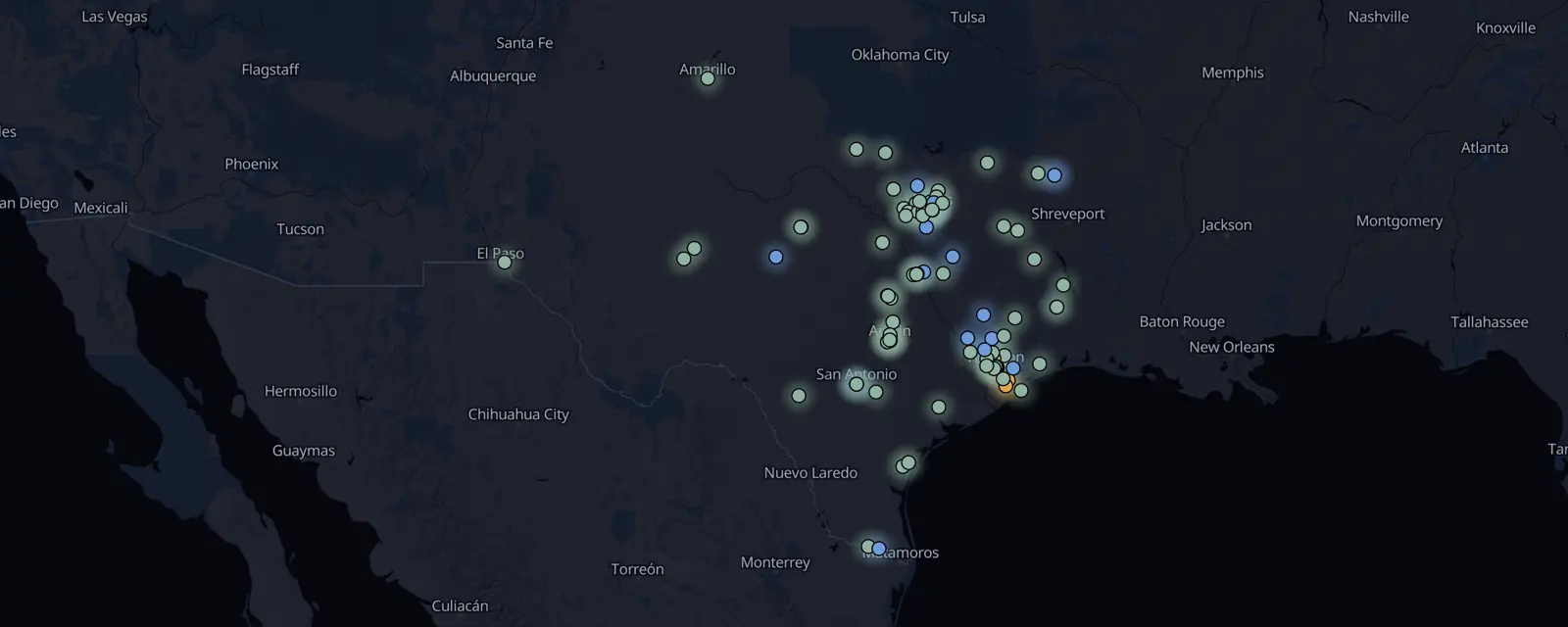 Map of the 100 case files in Texas, pinned by legal status