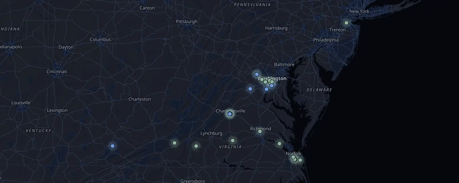 Map of the 27 case files in Virginia, pinned by legal status