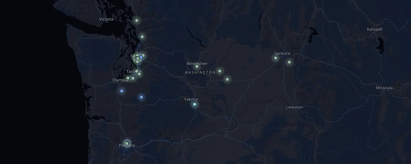 Map of the 27 case files in Washington, pinned by legal status