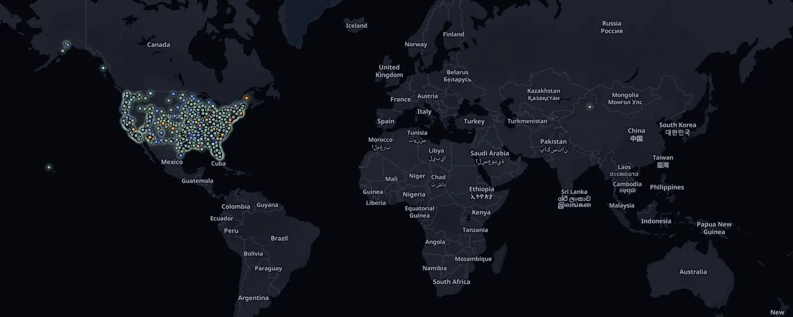 Map of the 1211 case files in the US, pinned by legal status