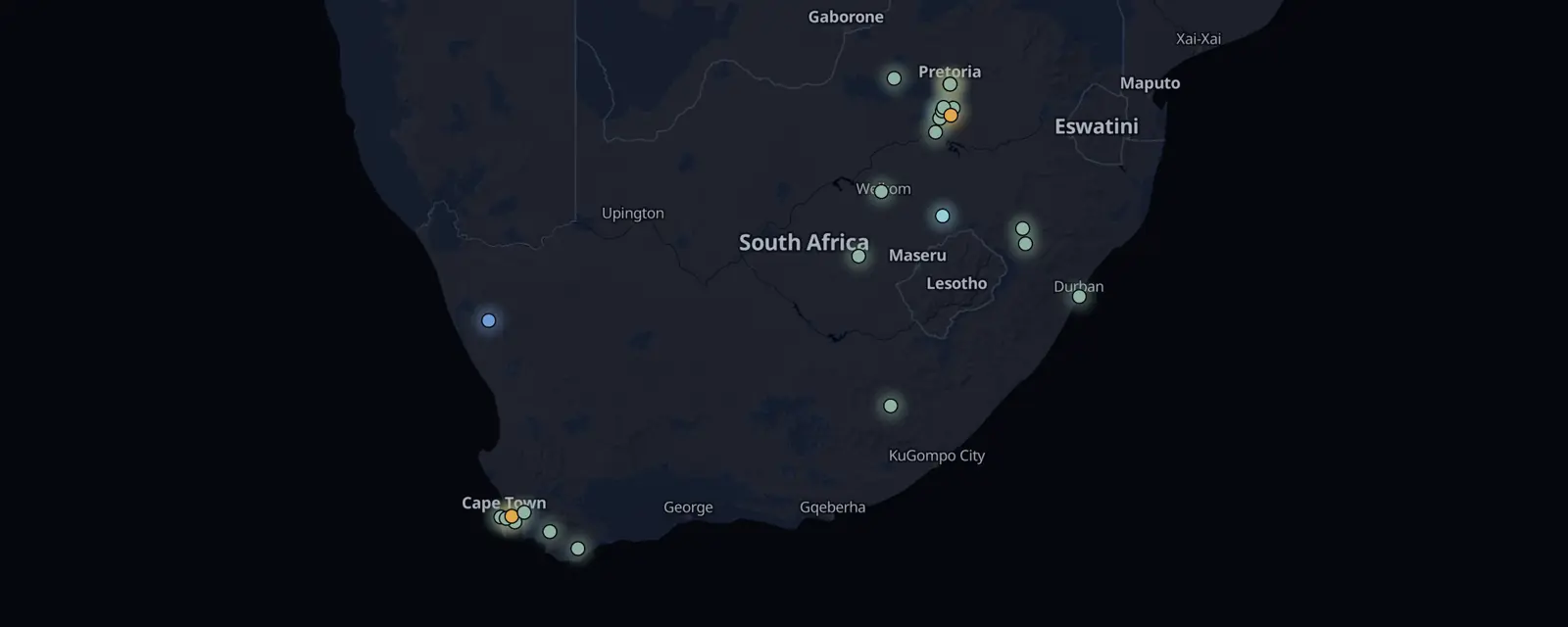 Map of the 25 case files in South Africa, pinned by legal status