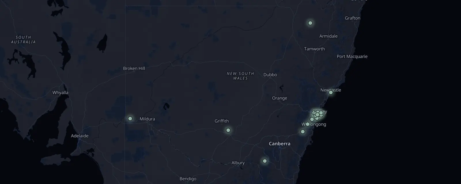 Map of the 17 case files in New South Wales, pinned by legal status