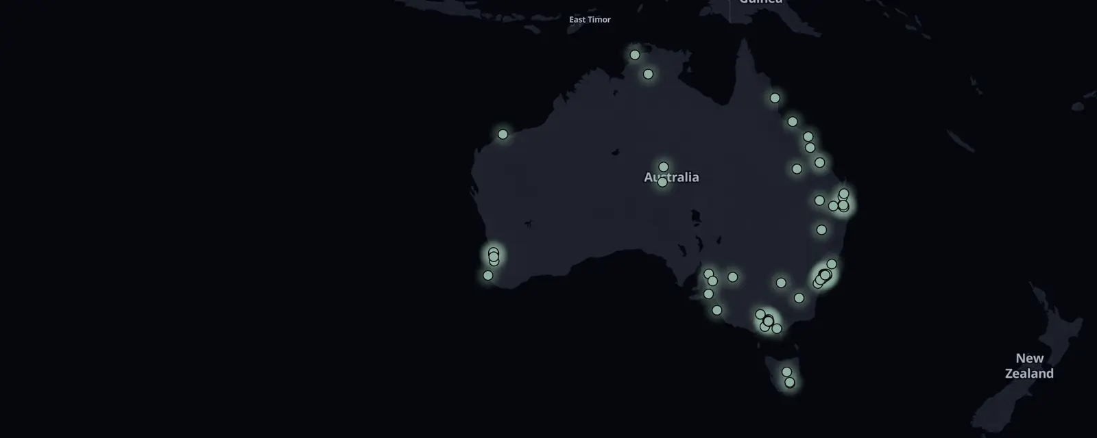 Map of the 70 case files in Australia, pinned by legal status