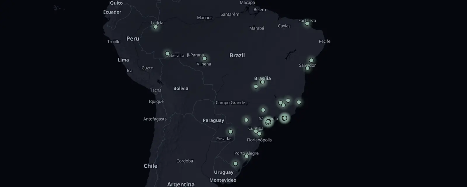Map of the 34 case files in Brazil, pinned by legal status