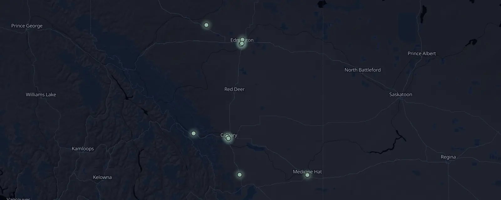 Map of the 11 case files in Alberta, pinned by legal status