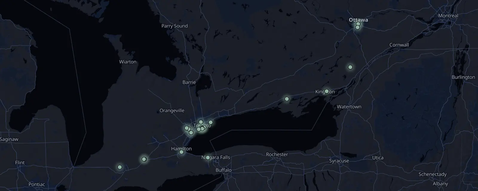 Map of the 23 case files in Ontario, pinned by legal status