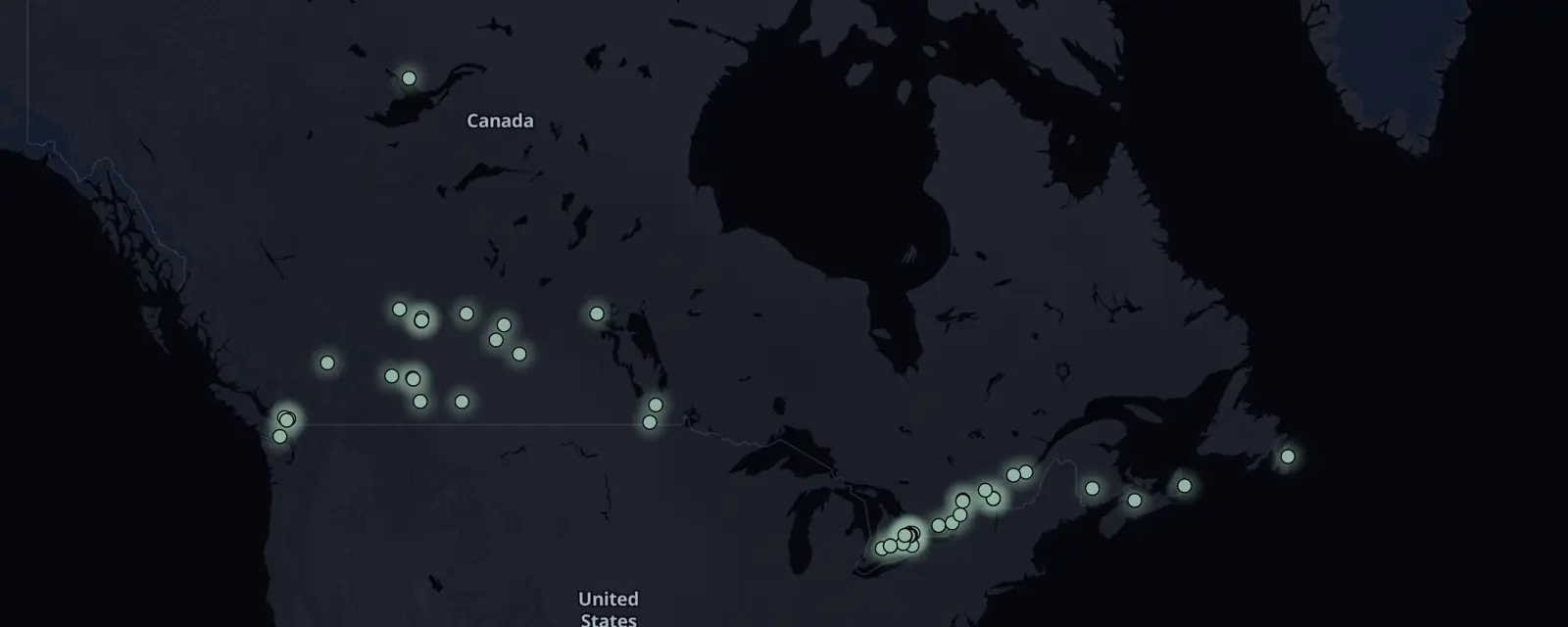 Map of the 60 case files in Canada, pinned by legal status